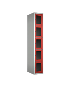 Metalen locker met 5 vakken en plexiglas deuren - H.180 x B.30 cm Lichtgrijs (RAL7035) Rood (RAL3000)