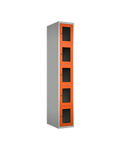 Metalen locker met 5 vakken en plexiglas deuren - H.180 x B.30 cm Lichtgrijs (RAL7035) Oranje (RAL2004)