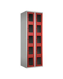 Metalen locker met 10 vakken en plexiglas deuren - H.180 x B.60 cm Lichtgrijs (RAL7035) Rood (RAL3000)