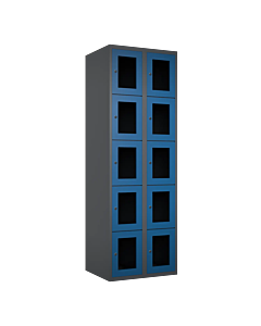 Metalen locker met 10 vakken en plexiglas deuren - H.180 x B.60 cm Antraciet (RAL7024) Blauw (RAL5010)