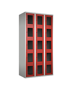 Metalen locker met 15 vakken en plexiglas deuren - H.180 x B.90 cm Lichtgrijs (RAL7035) Rood (RAL3000)