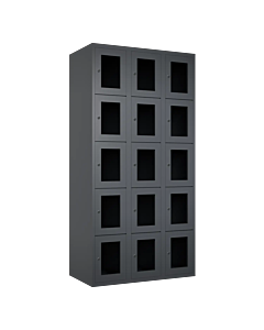 Metalen locker met 15 vakken en plexiglas deuren - H.180 x B.90 cm Antraciet (RAL7024) Antraciet (RAL7024)
