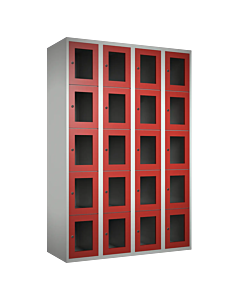 Metalen locker met 20 vakken en plexiglas deuren - H.180 x B.120 cm Lichtgrijs (RAL7035) Rood (RAL3000)