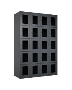 Metalen locker met 20 vakken en plexiglas deuren - H.180 x B.120 cm Antraciet (RAL7024) Antraciet (RAL7024)