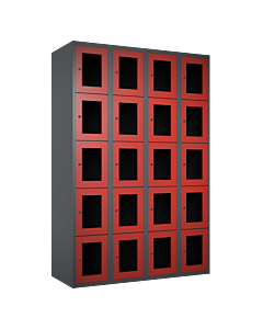 Metalen locker met 20 vakken en plexiglas deuren - H.180 x B.120 cm Antraciet (RAL7024) Rood (RAL3000)