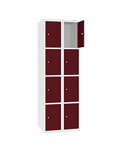 Metalen locker met 8 vakken - H.180 x B.60 cm Zuiver wit (RAL9010) Wijnrood (RAL3005)